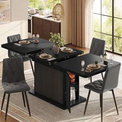 Productafbeelding van STILVORA Eettafel 120–160 cm met verborgen opbergruimte, uitschuifbare tafel met inklapbaar tafelblad, eettafel met reliëfstroken