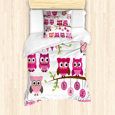 Produktbild von ABAKUHAUS Kindergarten Mantele, Eulen Zweige Cartoon, Milbensicher Allergiker geeignet mit Kissenbezügen, 135 cm x 200 cm - 80 x 80 cm, Lila Pink Brown