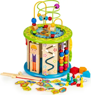 Obrázok produktu pre Drevená edukačná kocka ECOTOYS – motorická hračka s labyrintom, lovenie rýb a kockami