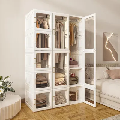 Image de Armoire pliante de 104x170x50 cm, de couleur blanche et transparente, avec une barre de vêtements et des portes magnétiques