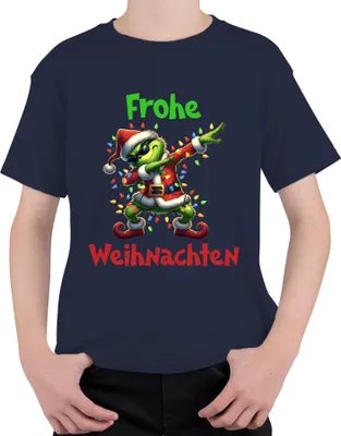 Produktbild von Frohe Weihnachten Dabender Grinch Weihnachtsmann Lichterkette Uni Kinder T-Shirt, Navy, 128