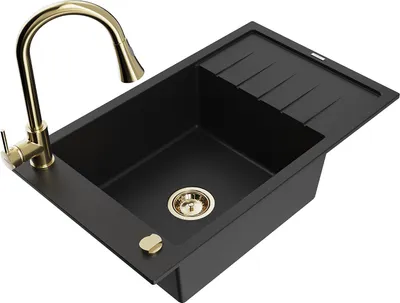 Produktbild von Mexen Elias 1 Becken-Granitspüle mit Abtropffläche und Mischbatterie Elia, Schwarz - 6511-77-670101-50