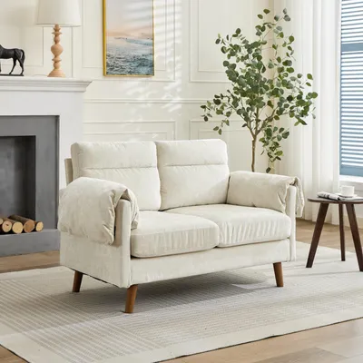Zdjęcie produktu dla Dwuosobowa sofa z tkaniny szenilowej w stylu mid-century – mała sofa w kolorze beżowym