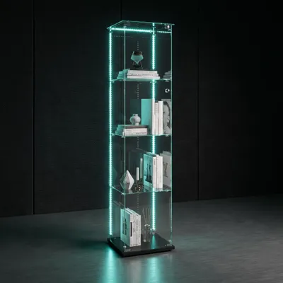 Zdjęcie produktu dla INONEFT Szklane witryny stojące z oświetleniem LED i zamkiem – witryna szklano-drewniana, 4-poziomowa szafka do eksponatów, 163 x 39,8 x 35 cm, kolor czarny