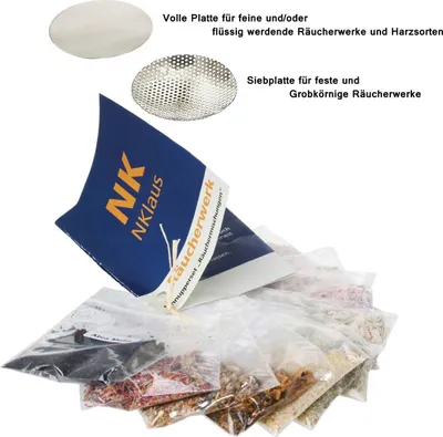 Produktbild von 12tlg Set 10x Räucherwerk 1x Räuchersieb 1x Plättchen Ø5cm Silber Räucherubehör