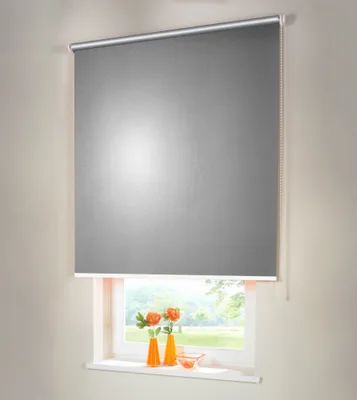 A roller blind is shown covering most of a window, with a view of greenery outside. Two orange vases with flowers and a small orange bowl are on the windowsill.