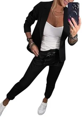 Image de ASKSA Femme Manches Longues Deux-pièces Elégant Ensemble de Costume d'Affaires Revers Bureau Manches Longues Veste de Costume Blazer Pantalon 2-pièces Tenue Streetwear Tenue de Loisir,Noir,L