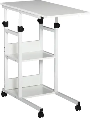 Produktbild von Beistelltisch mit Rollen, h?henverstellbar, kompakt, 2 Ablageb?den, Metallrahmen, Wei?, 80 x 40 x 72šC82 cm