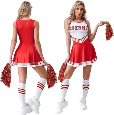 Damen Cheerleader Kostüm mit Pompoms, Socken und Haaraccessoires für Karneval und Halloween Rollenspiel