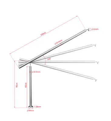 A technical drawing of a silver handrail with dimensions and angles indicated.