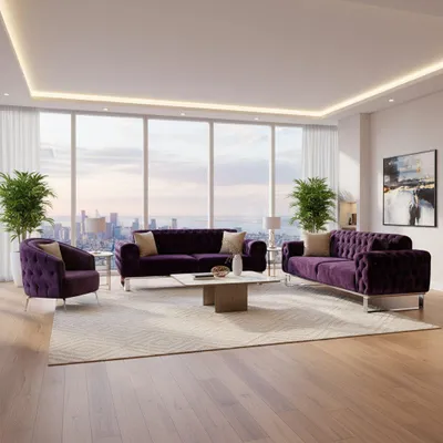 Produktbild von Sofa Set Jumeirah 3-Sitzer+3-Sitzer+Sessel in Samtstoff Spar-Set, in 5 Stofffarben & 3 Fußvarianten erhältlich Farbe: Lila