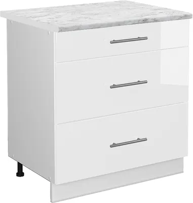 Produktbild von Küchenunterschrank Vicco Fame-Line Weiß Hochglanz 80 cm mit 3 Schubladen, AP Marmor, Model 46756