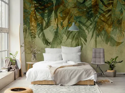 Produktbild von Vlies Fototapete Blätter 400x280 cm Tapeten Wandtapete XXL Natur Betonoptik Monstera Palmenblätter wie gemalt b-C-10232-a-b