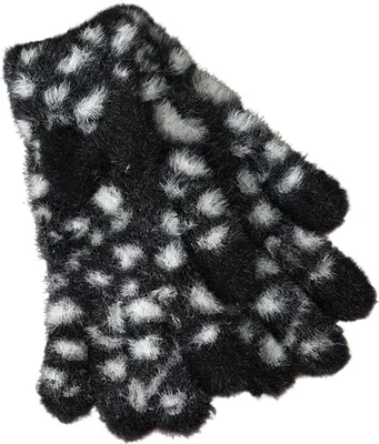 Produktbild von 1 Paar Strickhandschuhe mit Leopardenmuster, Plüsch, warm, Winterhandschuhe mit Batik-Schleifenverzierung, Touchscreen-kompatibel