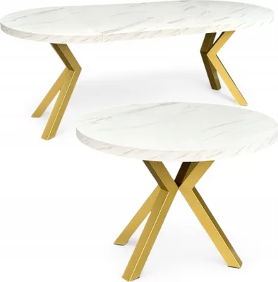 Produktbild von Marmor Esstisch Rund Ausziehbar Ø100/200 cm Weiß mit Goldenen X-Metallbeinen