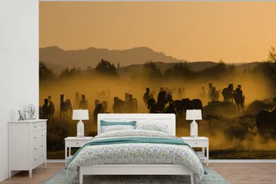Produktbild von MuchoWow® Fototapete für Wohnzimmer oder Schlafzimmer Wandtapete Vinyl Motivtapete Pferde - Nebel - Orange - 420x280 cm - Zimmer für Kinder