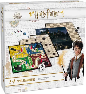 A product box for a Harry Potter board game collection, showing various game boards, cards, and a character.