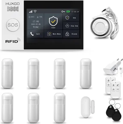 Image de Système d'alarme HUXGO HXA007 pour la maison, avec connexion WiFi et GSM, comprenant 7 détecteurs de mouvement et 1 détecteur de porte/fenêtre. Idéal pour sécuriser un appartement, une maison ou un garage