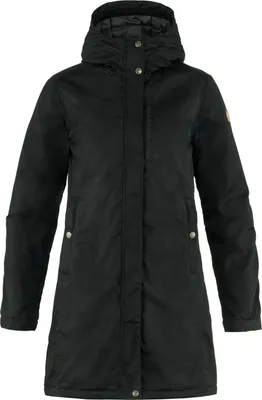 A black parka jacket is shown against a white background.