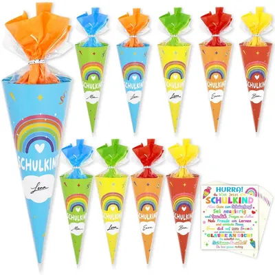 Produktbild von Schultüten Bastelset 10 Stück Mini mit Mutkarten zum Befüllen für Mädchen & Jungen