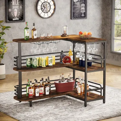 Immagine prodotto di Bar ad angolo a forma di L – Mobiletto bar con portabottiglie – 3 ripiani portaoggetti – Portabicchieri – Colore marrone rustico – Stile industriale