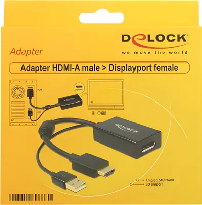 Produktbild von DELOCK HDMI Adapter A -> Displayport St/Bu +USB Strom 4K