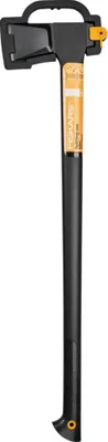 A Fiskars splitting axe is shown against a white background.