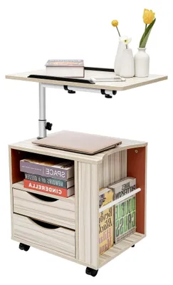 Produktbild von Mobiler Beistelltisch mit schwenkbarem Regal und 2 Schubladen, höhenverstellbar mit 4 Rollen, Laptoptisch und Sofatisch für Schlafzimmer und Wohnzimmer