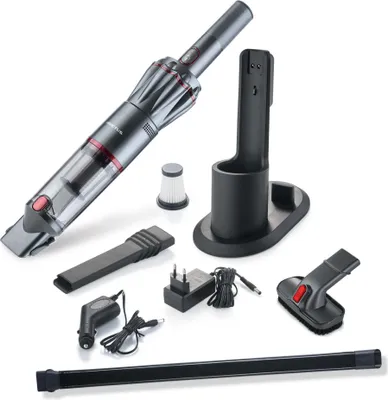 A collection of vacuum cleaner accessories and parts laid out on a white background.