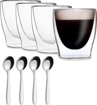 Produktbild von Famanu Doppelwandige Gläser mit Edelstahl-Löffel - Thermogläser Latte Macchiato