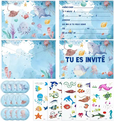 Produktbild von Geburtstagseinladungen Unterwasserwelt, 12 Karten, 12 Umschläge, Sticker und Tattoos, für Partys