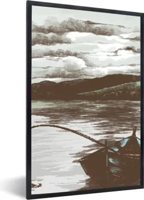 Produktbild von MuchoWow® MuchoWow® Gerahmtes Poster Boot - Angelrute - Meer 40x60 cm - Poster mit zchwarzem Bilderrahmen - Papierdruck - Wandbilder