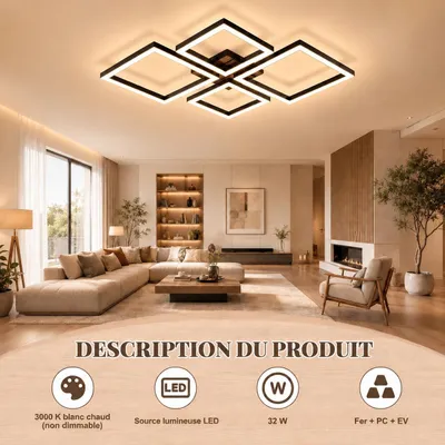 Image de Plafonnier LED ZMH pour chambre à coucher 32 W, lampe de cuisine noire, lampe de salon, lampe de couloir, aspect bois, éclairage de plafond pour salon, Image générée par une IA