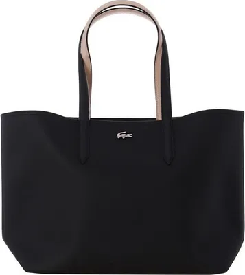 A black tote bag with beige handles against a white background.