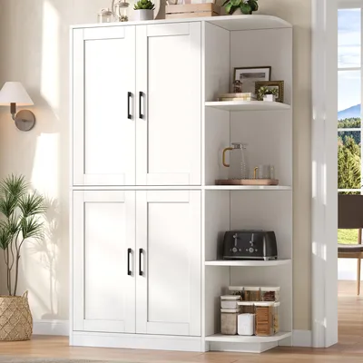 Produktbild von MODFU Mehrzweckschrank 103 x 40 x 163 cm, Küchenschrank mit 4 Türen und 4 offenen Fächern, Buffetschrank Wohnzimmerschrank mit verstellbaren Einlegeböden,Weiß
