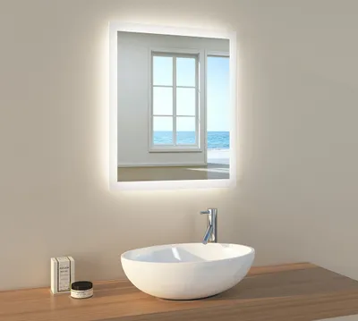 Produktbild von EMKE Badezimmerspiegel mit Beleuchtung Spiegel 50x60cm Wandspiegel 2 Lichtfarbe Kaltweiß und Warmweiß Lichtspiegel mit Tastenschalter und Beschlagfrei Funktion