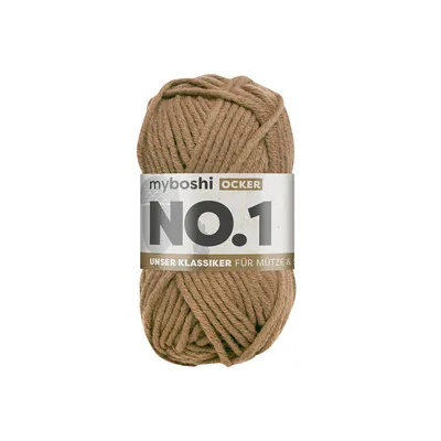 A ball of brown yarn with a label.