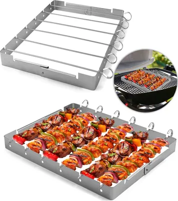 Produktbild von Grillspieße Edelstahl - Robuste Schaschlickspieße mit Grillgestell - 6x lange Spieße für Fleisch, Gemüße und Vegane Alternativen