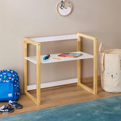 Produktbild von Kinderschreibtisch SUZA höhenverstellbar Massivholz natur/weiß - Tischplatte in 4 Höhen verstellbar, ideal für kleine Räume, minimalistisches Design im Montessori-Stil