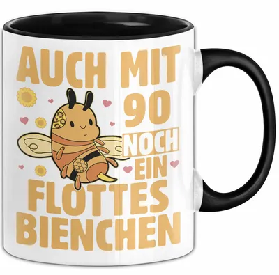 Produktbild von 90. Geburtstag Tasse Geschenk Frauen Mutter Lustig Auch mit 90 Noch Ein Flottes Bienchen Kaffee-Becher (Schwarz)