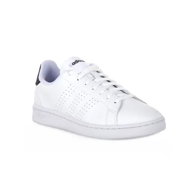 A white Adidas Advantage sneaker with black accents.