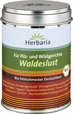 A metal tin of spice mix for mushroom and game dishes.