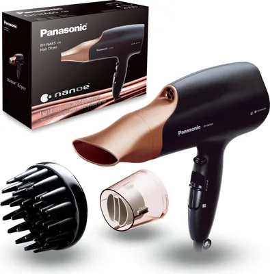 A Panasonic EH-NA65 hair dryer and its accessories are displayed against a white background, with its packaging visible.