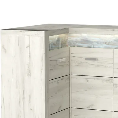 Produktbild von Lomadox Eckkommode INGENIO-161, Esche weiß, LED Frontbeleuchtung, modern, rechts, 3 Türen, 2 Einlegeböden, B/H/T ca. 131/101,5/90 cm