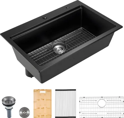 Immagine prodotto di SucceBuy lavello da cucina in granito (84 x 56 x 25 cm) per montaggio in superficie, lavello da incasso dal design classico con accessori, lavello per camper, cucine, bar, nero