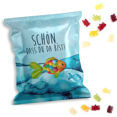 Produktbild von Logbuch-Verlag 10 kleine Gastgeschenke - Fruchtgummi Tütchen türkis bunt mit REGENBOGENFISCH - Tischdeko Give-Away Kommunion50 Stück