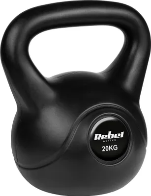 A black Rebel Active 20kg kettlebell is shown against a white background.