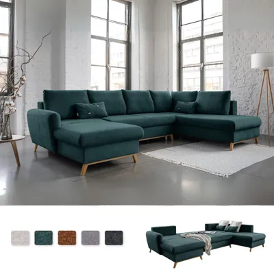Produktbild von MIUFORM Scandic Lagom - Ecksofa mit Bettfunktion und Bettkasten U-FORM RECHTS - 312x202 cm - Türkis - Sofa Schlafsofa Couch