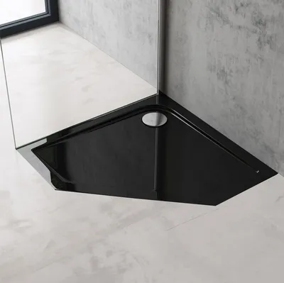 Produktbild von doporro Duschtasse Duschwanne 80x80x4 flach inkl. Ablaufgarnitur AL01 aus Acryl in Schwarz Fünfeckig DIN-Anschlüsse für bodenebene Montage geeignet Faro5