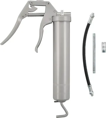 A professional studio shot of a grease gun and its accessories against a white background.